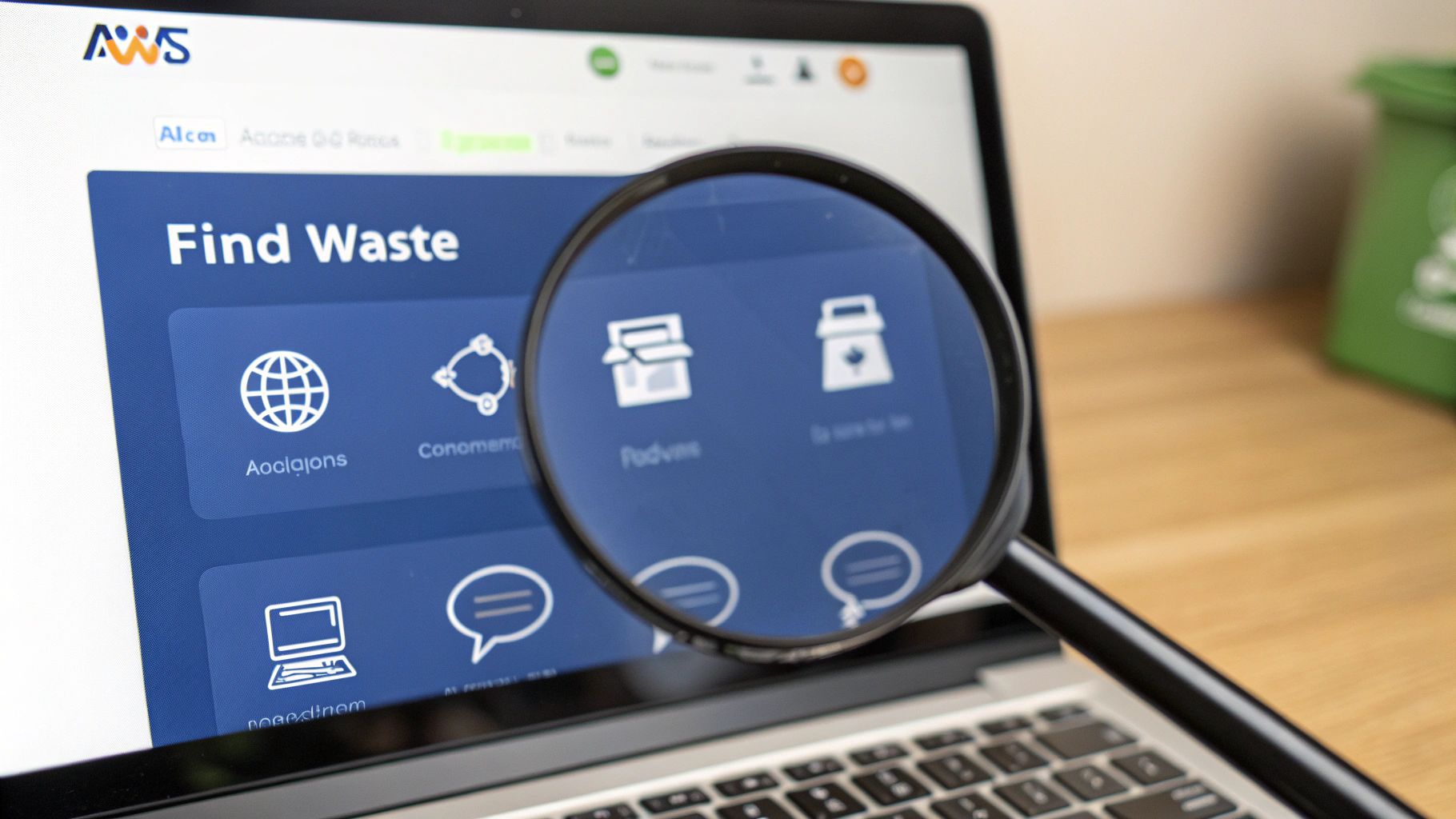 A magnifying glass highlights a 'Find Waste' webpage on a laptop with an AWS logo, hinting at cost optimization.