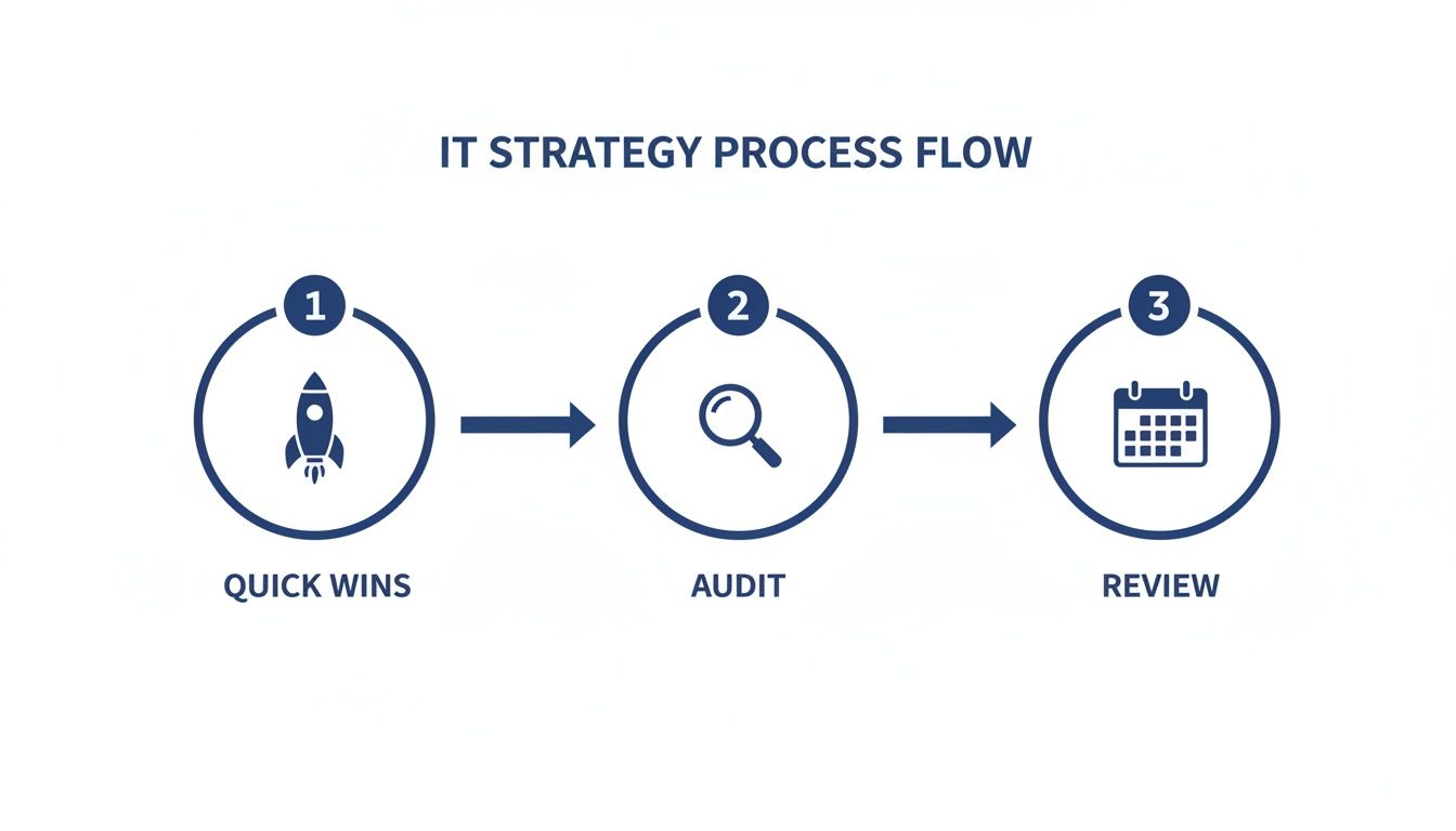 IT strategy process flow with three steps: Quick Wins (rocket), Audit (magnifying glass), and Review (calendar).