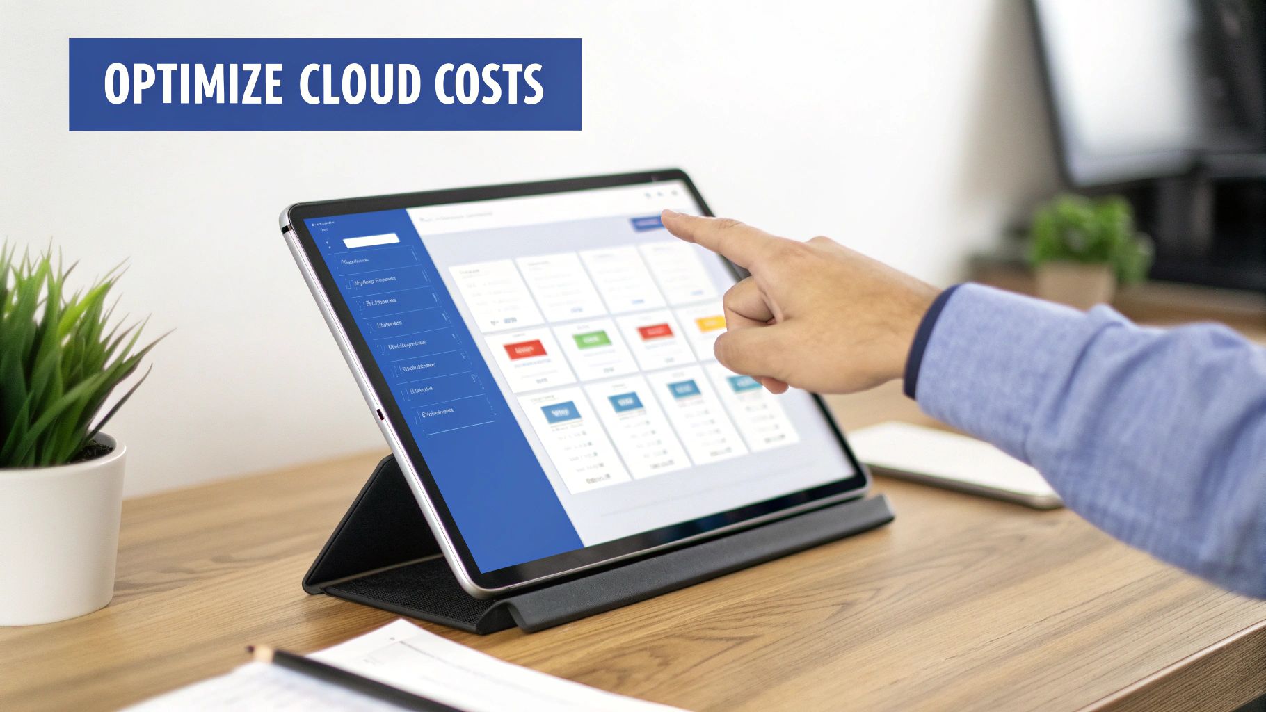 A person optimizes cloud costs on a tablet, interacting with a data dashboard and metrics.