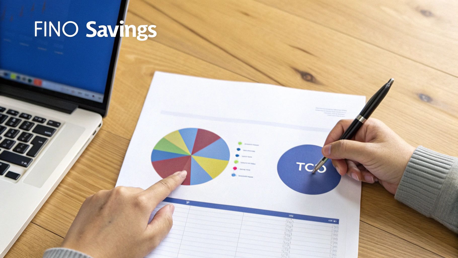 Person analyzing financial data on a paper with charts, a laptop, and a pen on a wooden desk.