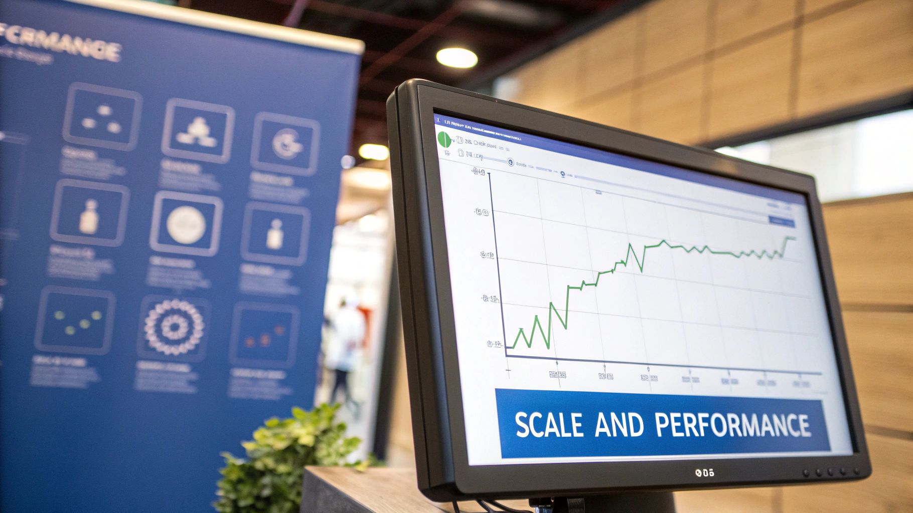 A computer monitor displays a green line graph and 'SCALE AND PERFORMANCE' text, indicating data trends.