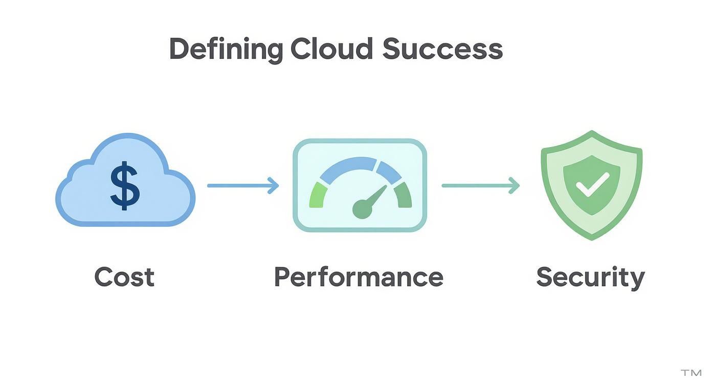 Cloud success framework diagram showing cost optimization leading to performance and security improvements