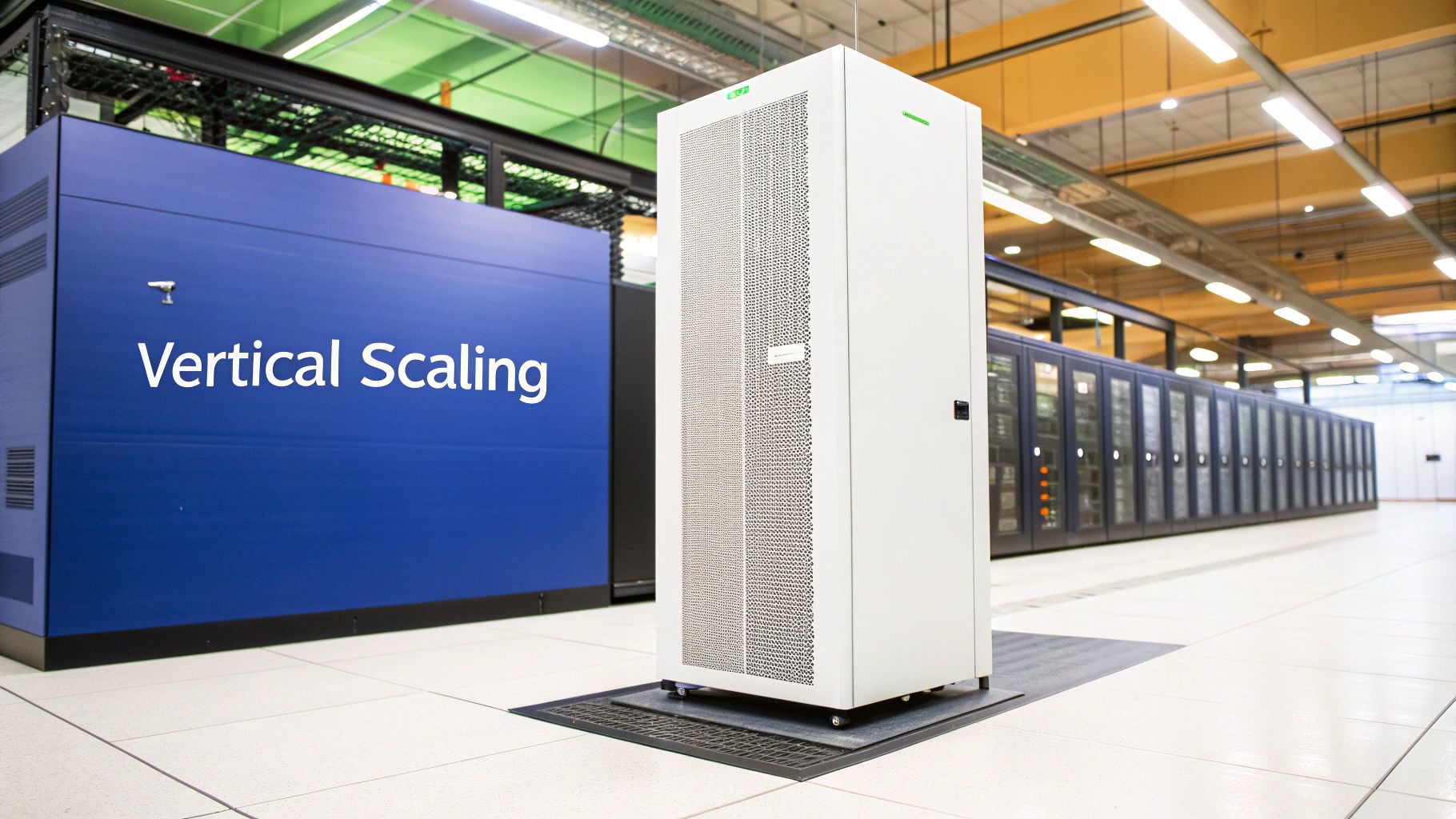 A single powerful server in a server rack, glowing to signify its enhanced capabilities.