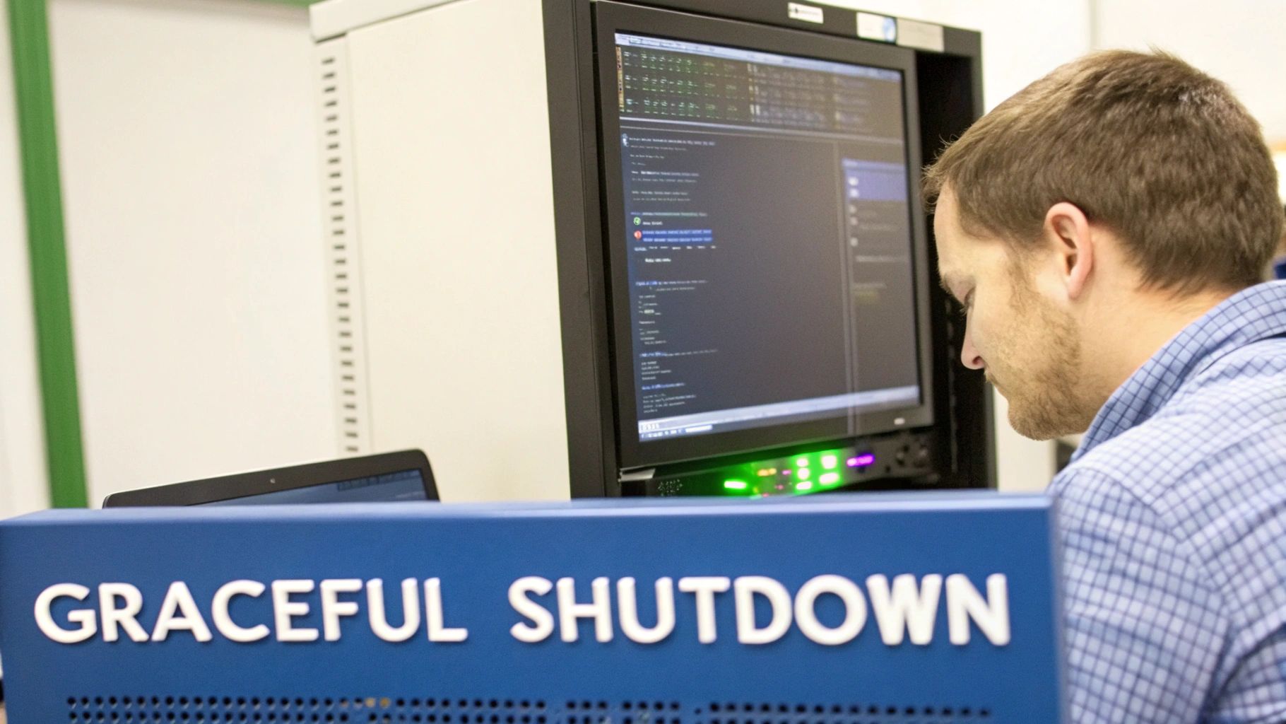 A man with a beard intently looks at a computer monitor displaying code in a server room.