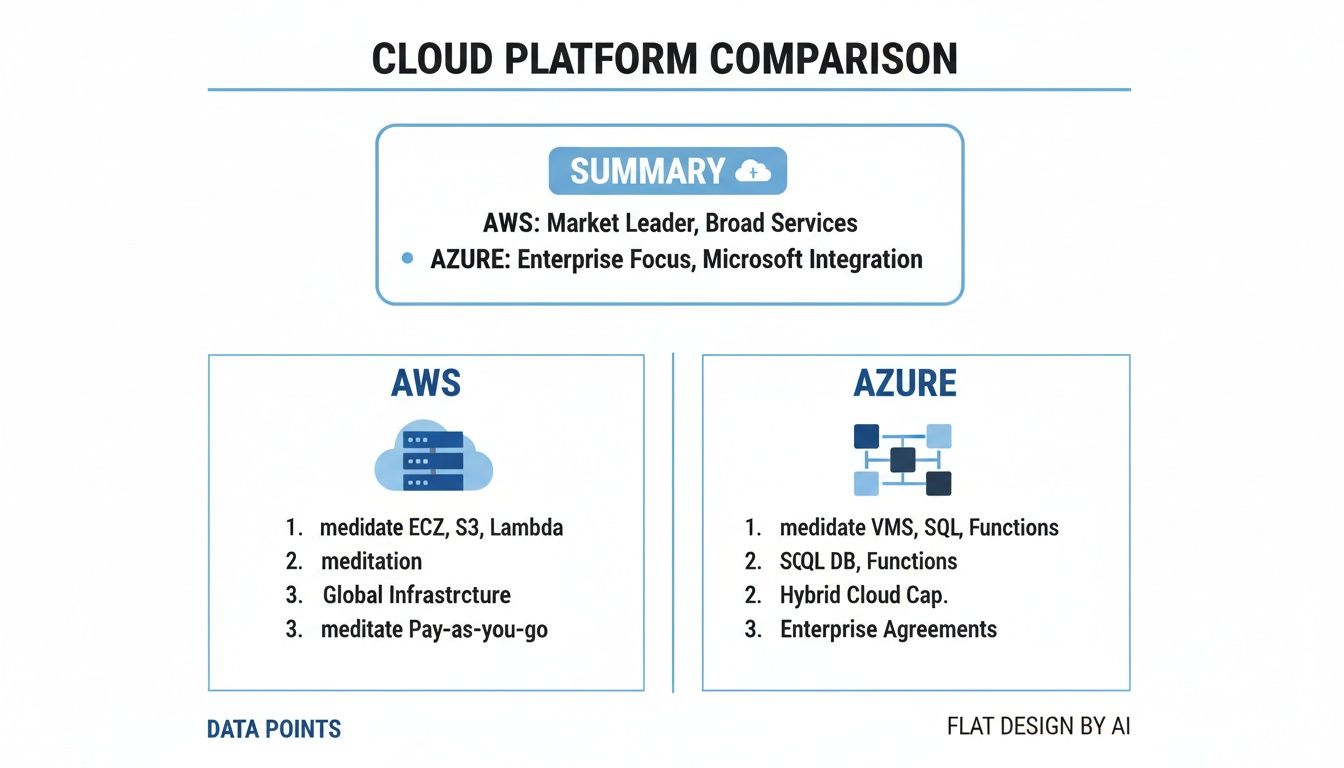 Infographic comparing AWS and Azure cloud platforms, highlighting their key features and market positions.