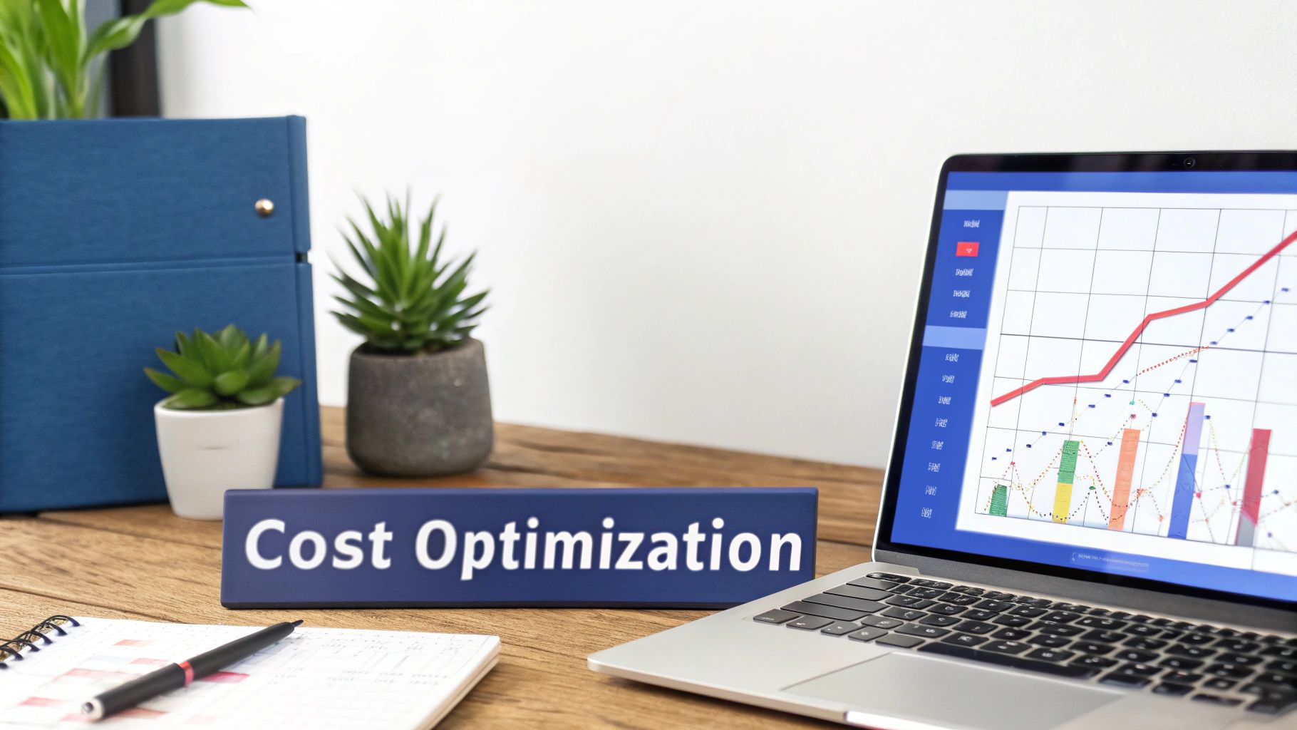 A desk with a laptop displaying financial charts, a 'Cost Optimization' sign, and office supplies.