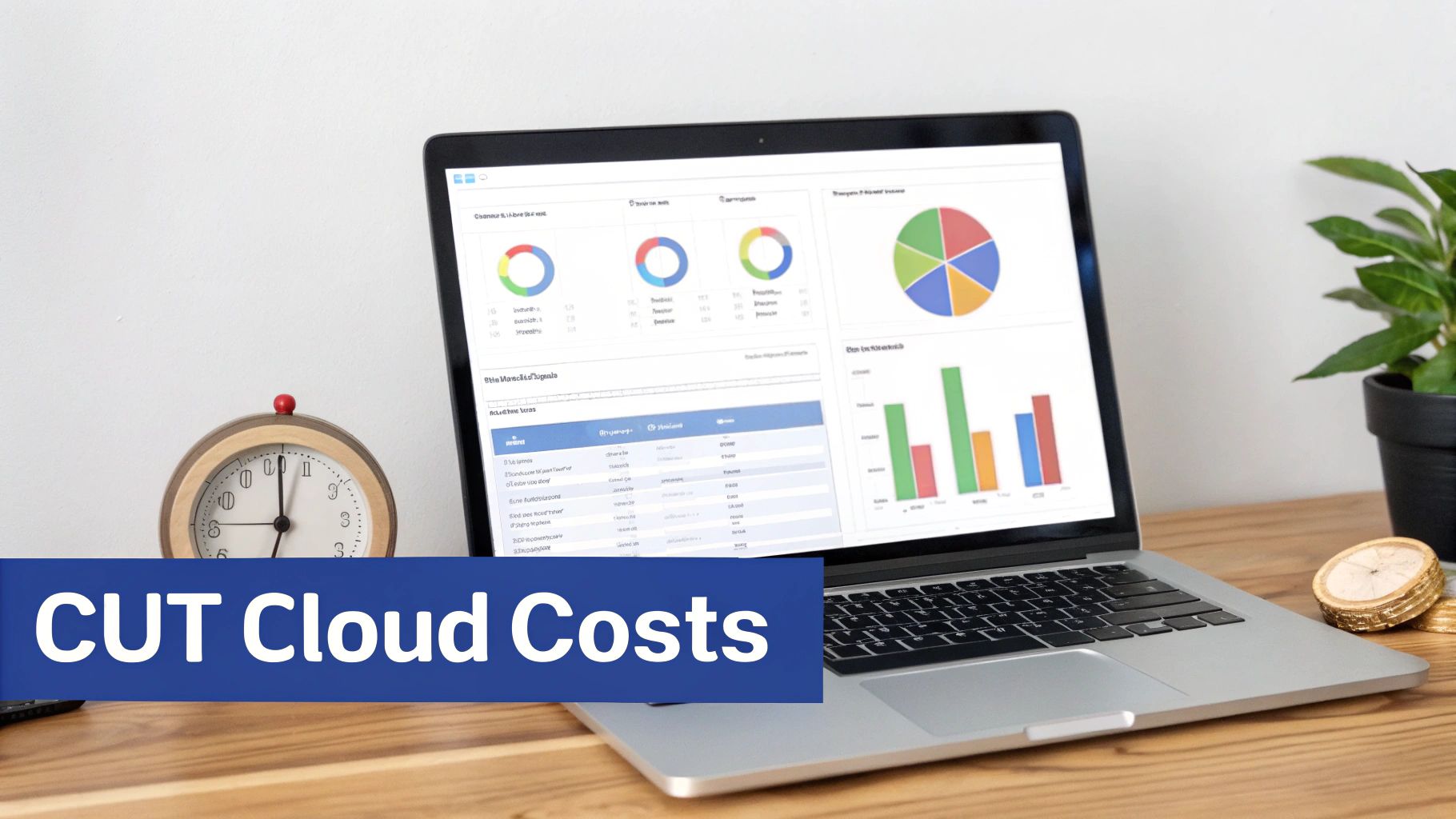 A laptop on a wooden desk displays various data charts and graphs with a 'CUT Cloud Costs' banner.