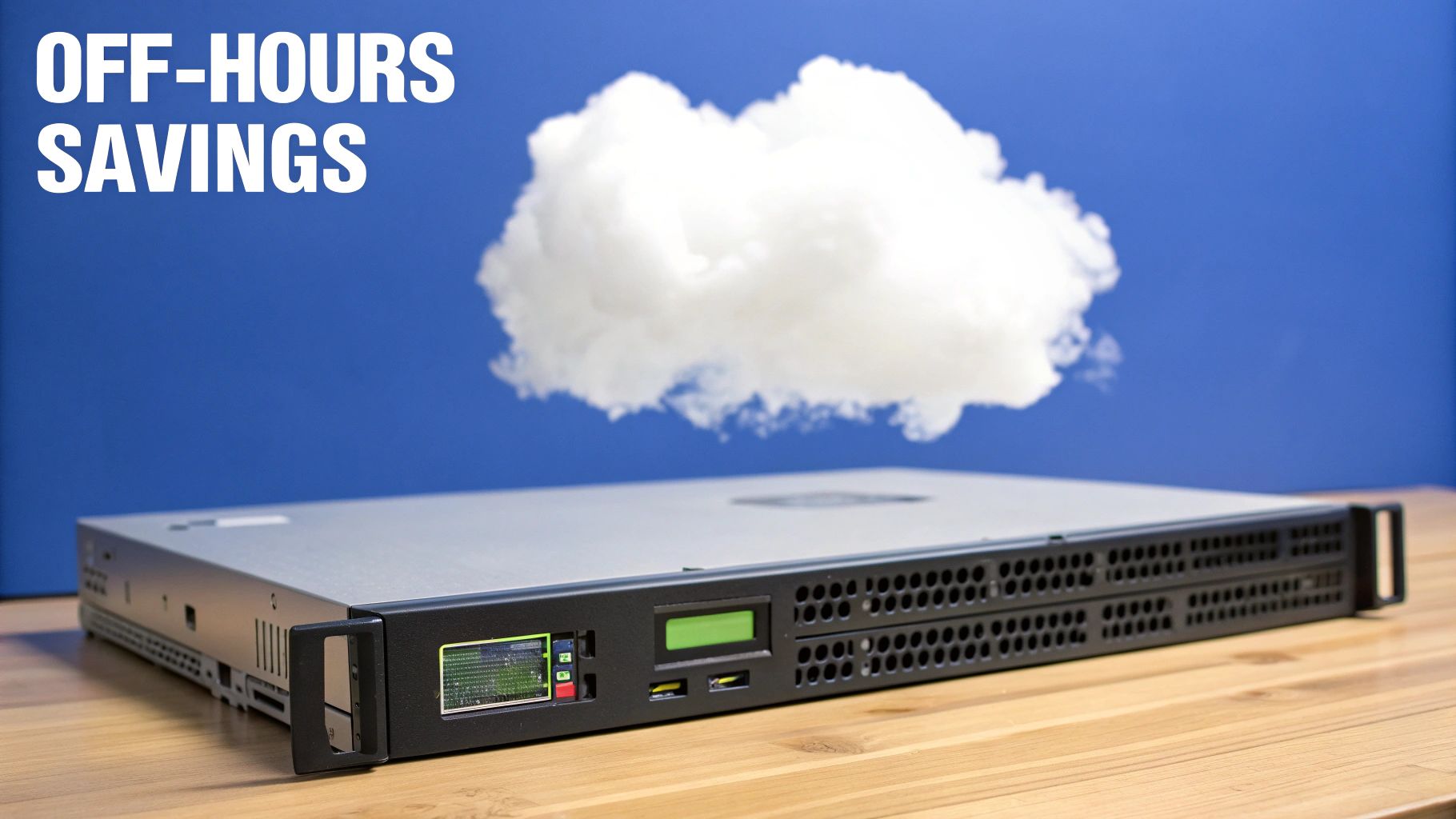 A server rack unit on a wooden table with a white cloud floating above it, representing off-hours savings.