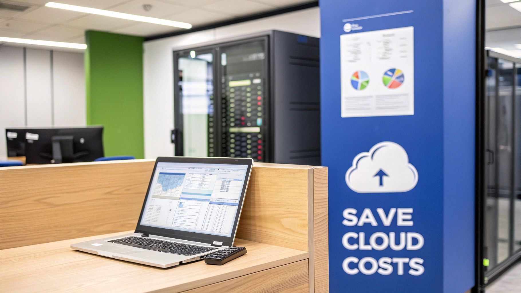A laptop on a wooden desk displays data, with server racks and a "SAVE CLOUD COSTS" sign in a modern data center.
