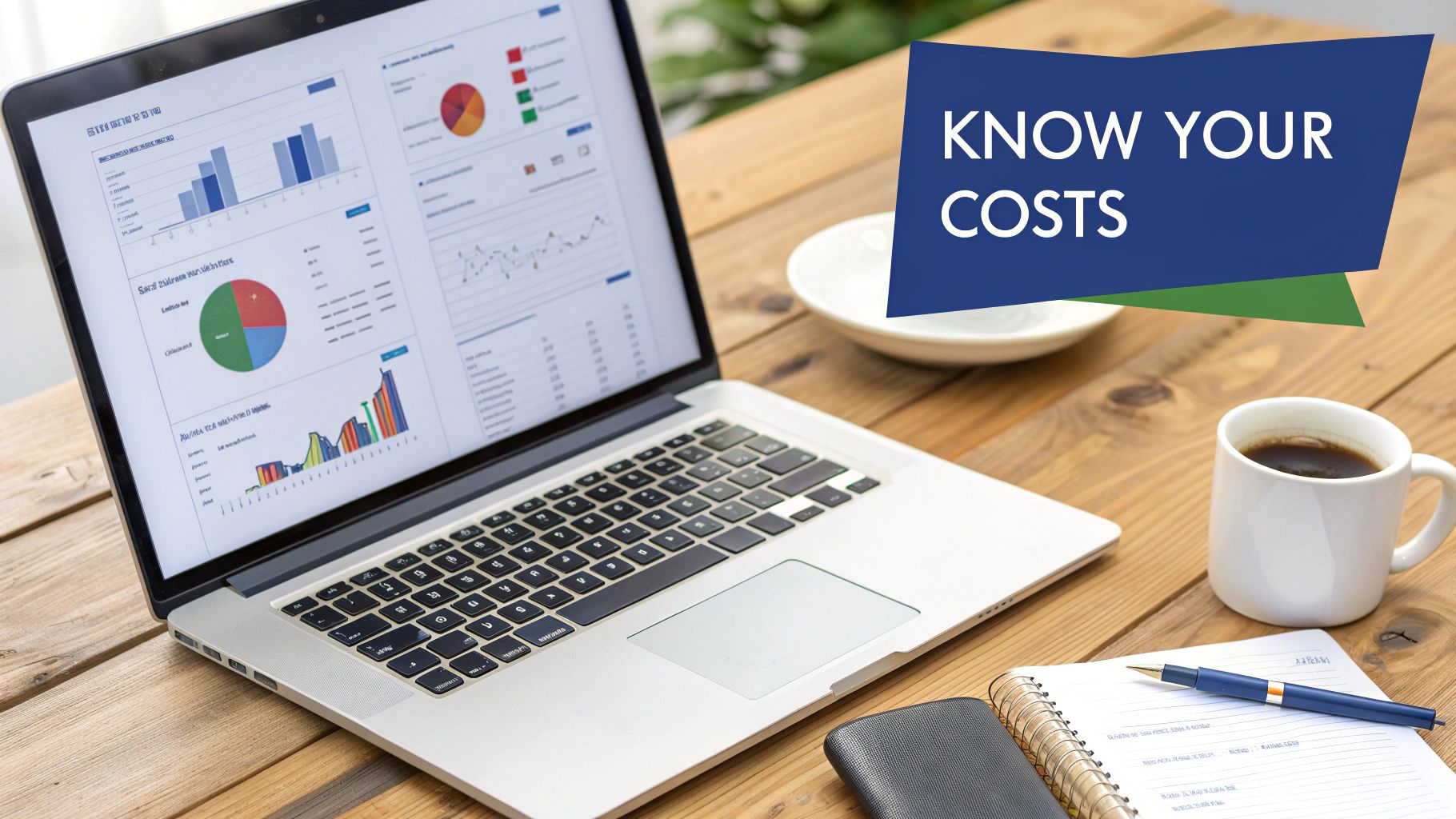 Laptop displaying financial charts and data on a wooden desk next to a coffee cup. A banner says 'KNOW YOUR COSTS'.