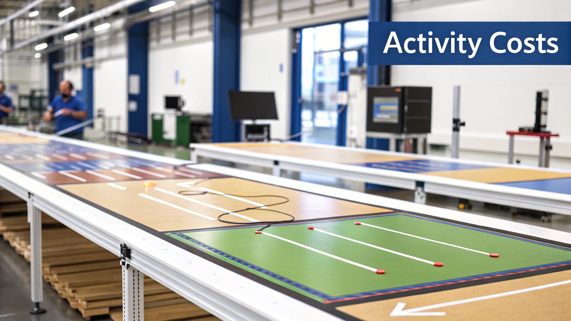 Detailed miniature sports field layouts on a table, with workers in a modern factory and 'Activity Costs' banner.