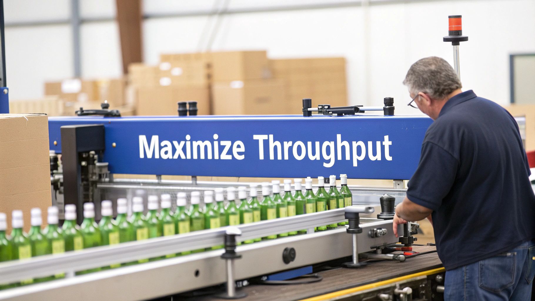 A man adjusts equipment on a factory production line with many green bottles and a 'Maximize Throughput' sign.