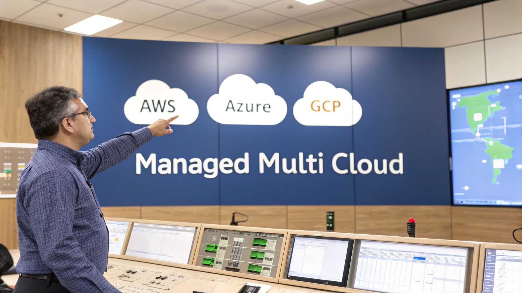 A man in a control room pointing to a "Managed Multi Cloud" display featuring AWS, Azure, and GCP.