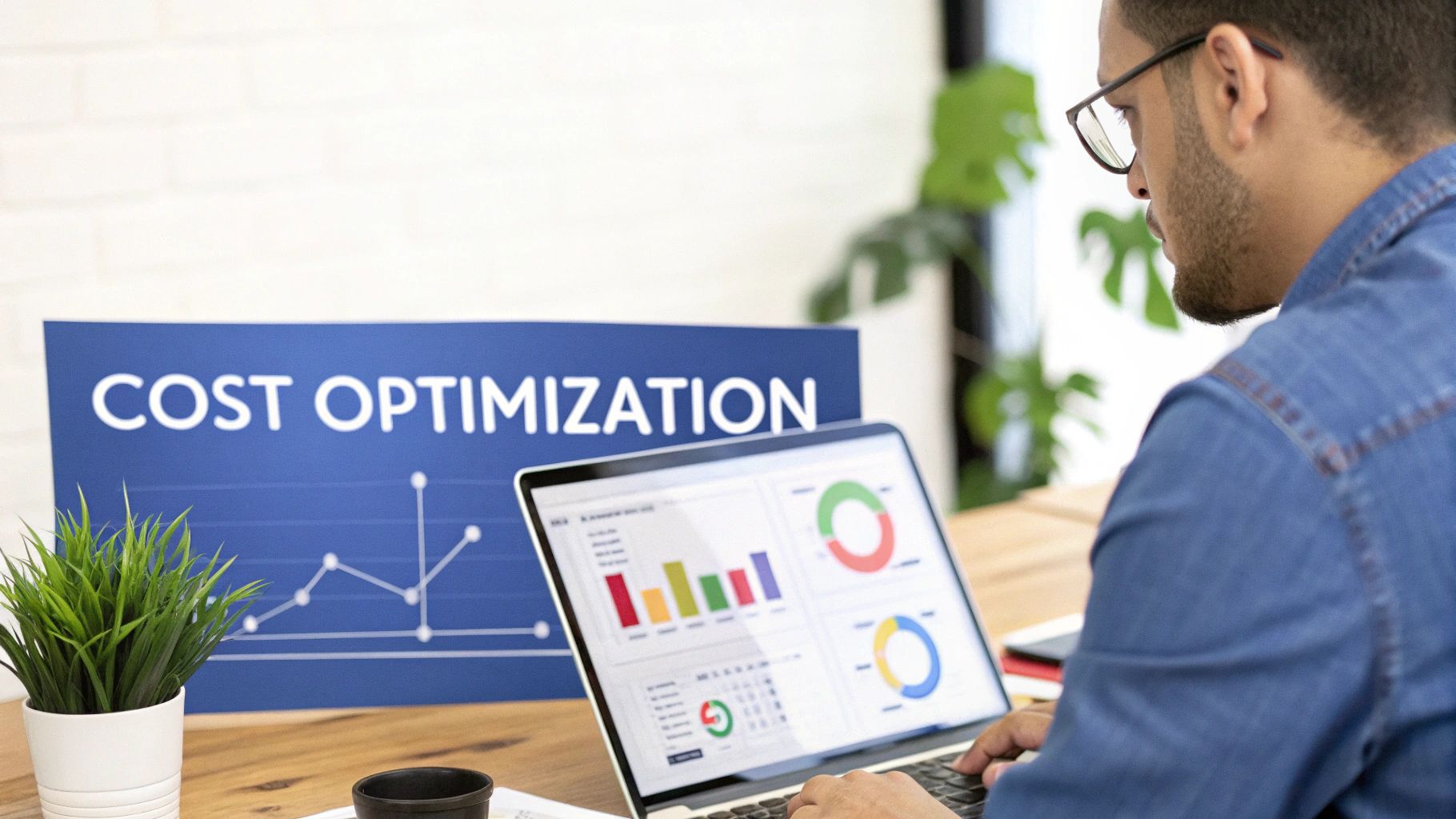 A person analyzes business charts on a laptop, with a 'COST OPTIMIZATION' sign in the background.