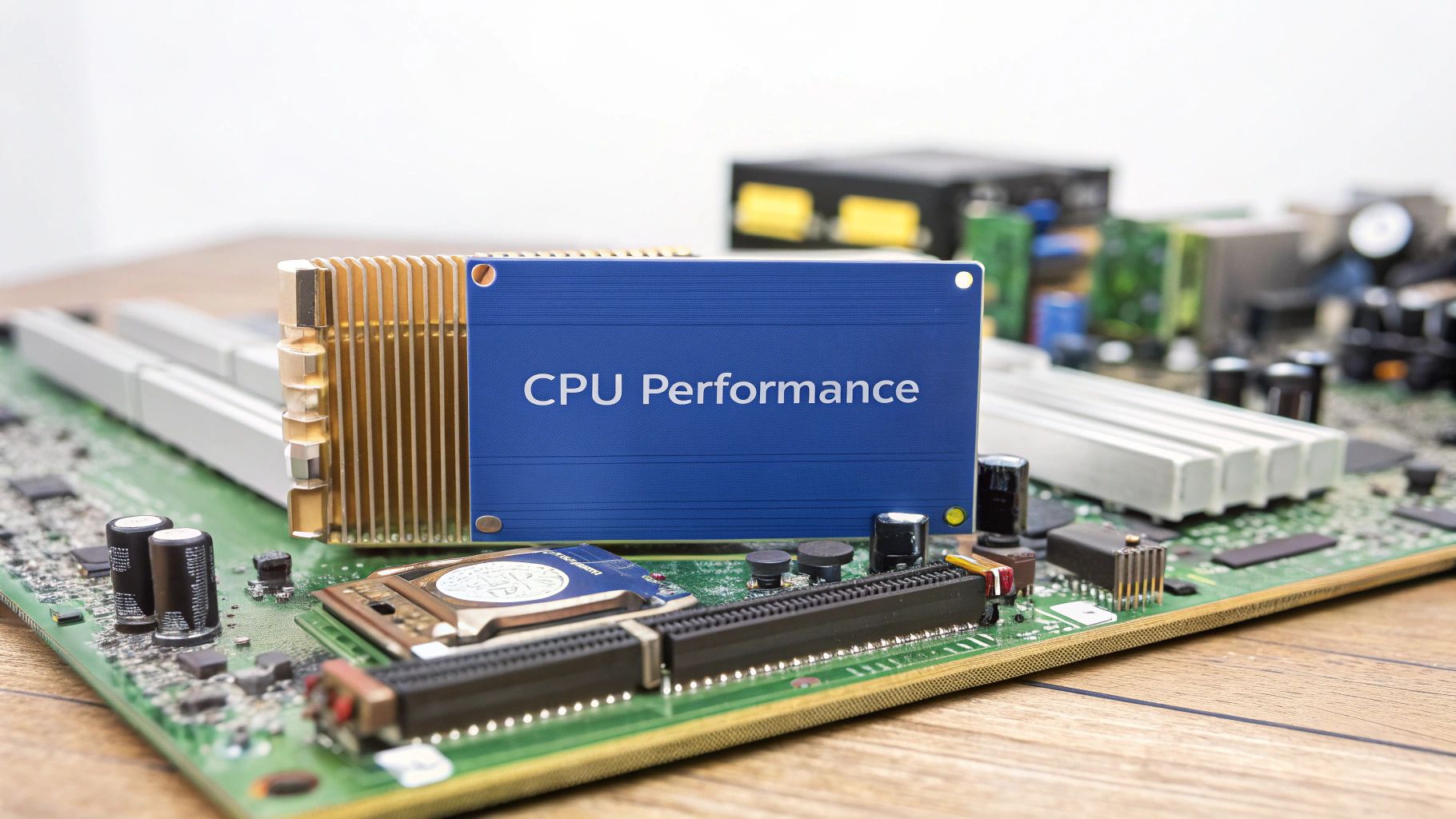 A blue component labeled 'CPU Performance' sits on a green circuit board surrounded by hardware.