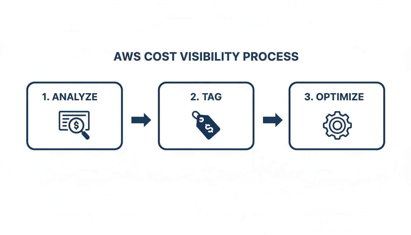 Flowchart showing the AWS cost visibility process with three steps: analyze, tag, and optimize.