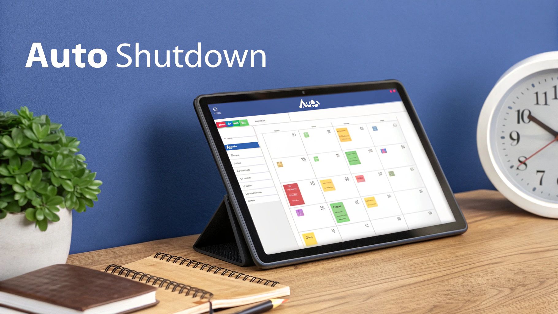 "Auto Shutdown" text on a blue wall with a tablet showing a calendar app, surrounded by desk accessories.