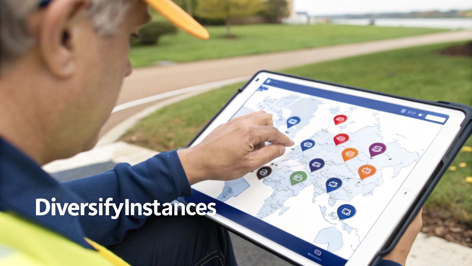 A person in a blue shirt and yellow vest uses a tablet showing a world map with colorful location pins.