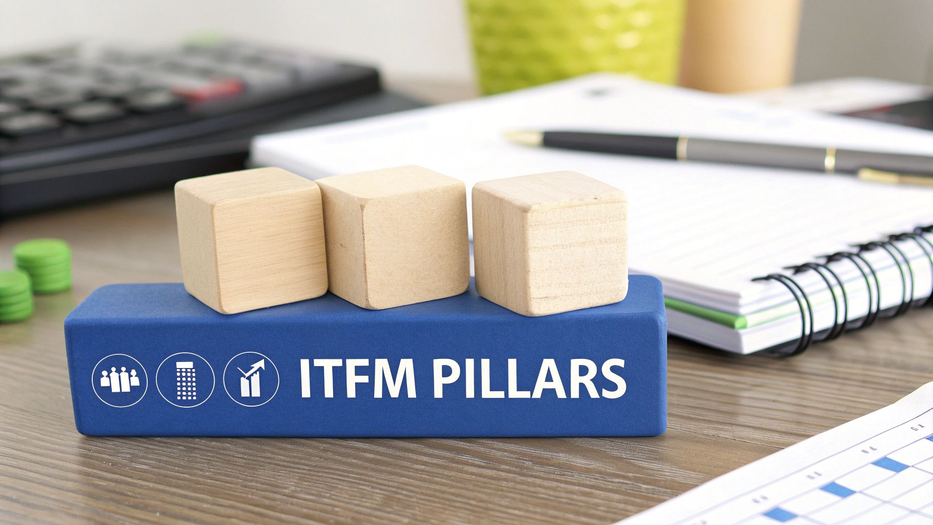 Three wooden blocks on a blue block labeled 'ITFM PILLARS' with icons, symbolizing key foundations in an office setting.