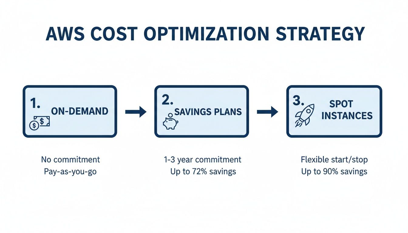 A three-step diagram showing AWS cost optimization strategy: On-Demand, Savings Plans, and Spot Instances.
