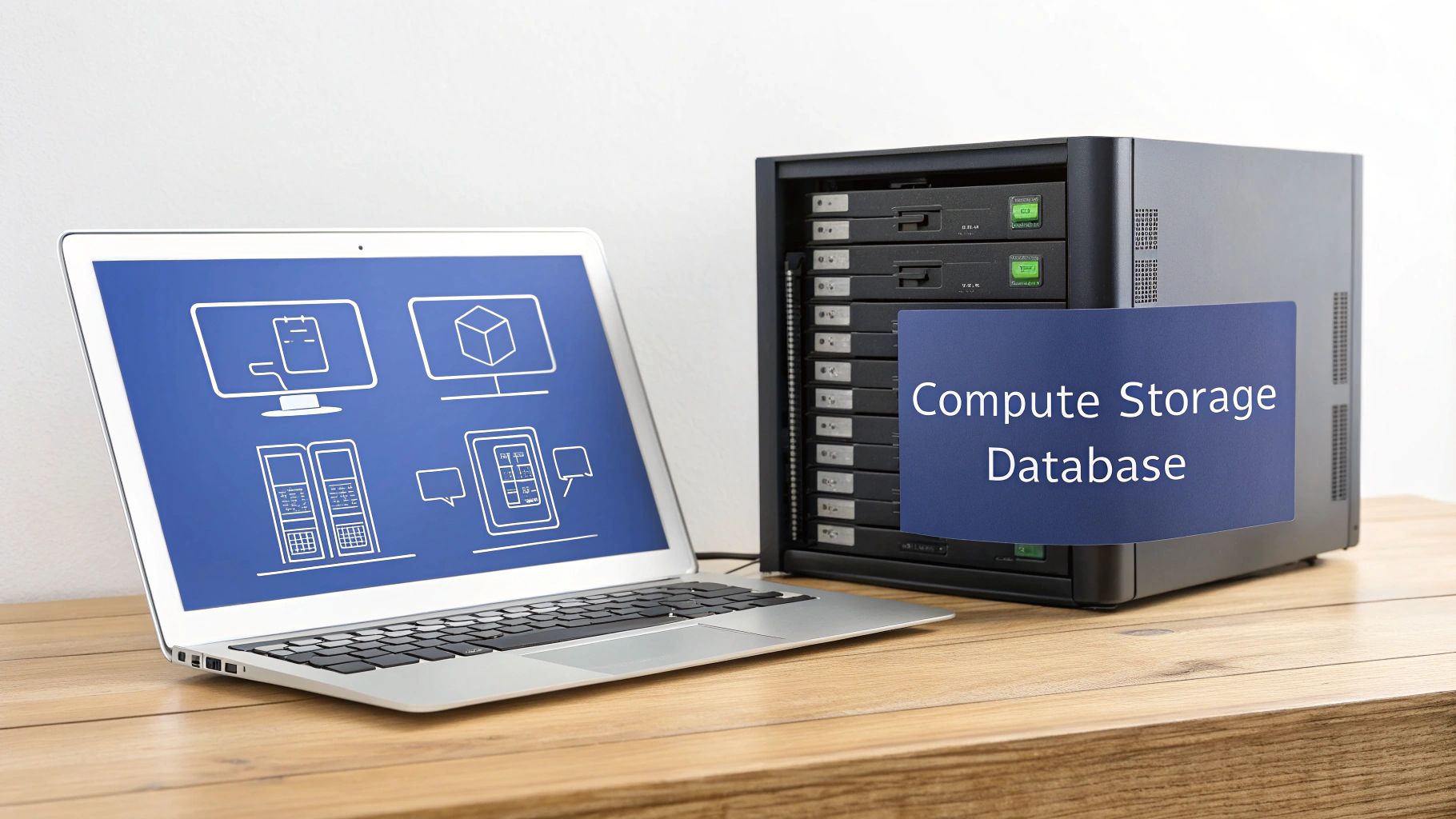 A laptop displaying cloud computing icons beside a server rack labeled "Compute Storage Database".