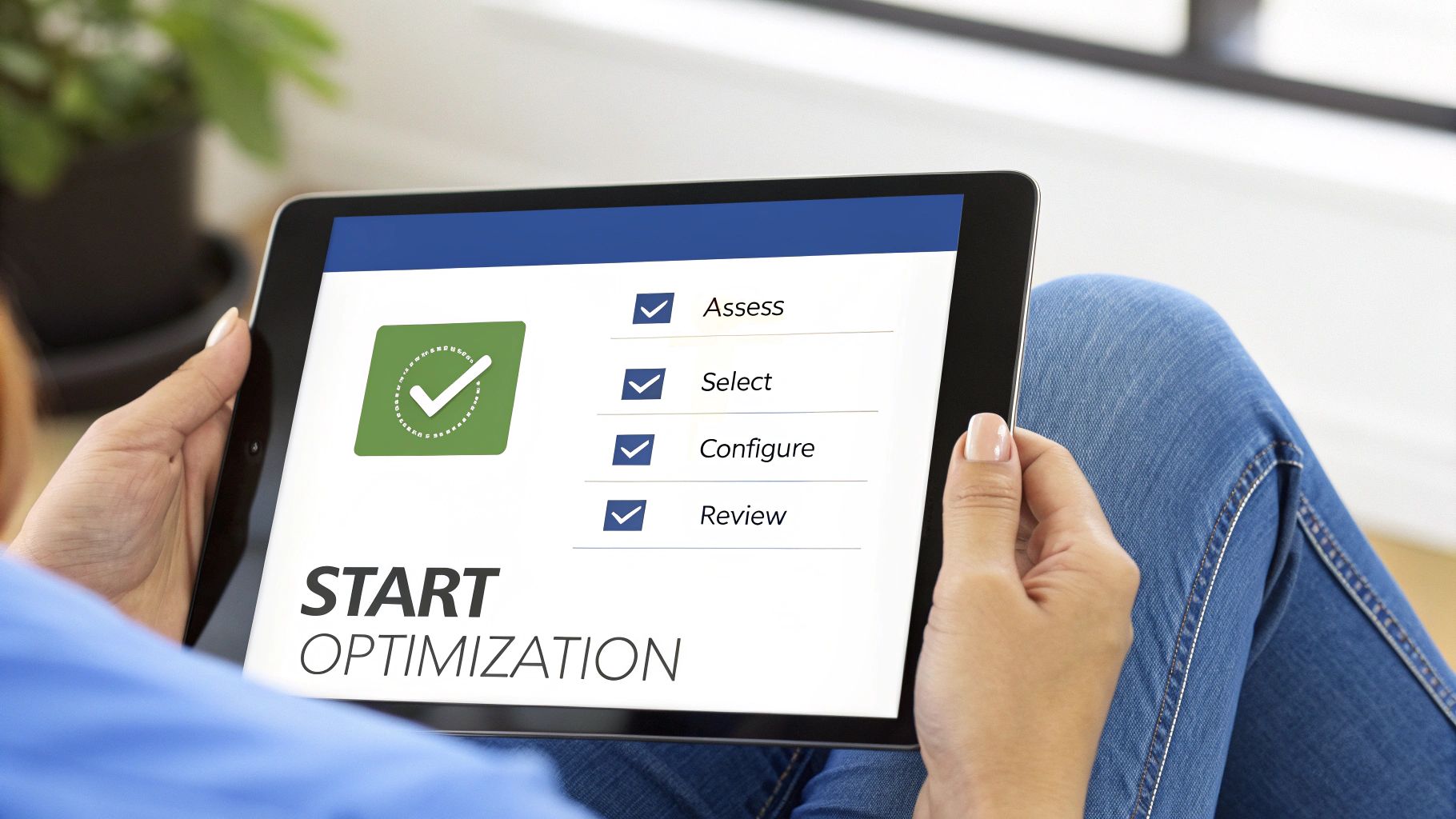 Person holds a tablet displaying 'Start Optimization' steps: Assess, Select, Configure, Review, all checked.