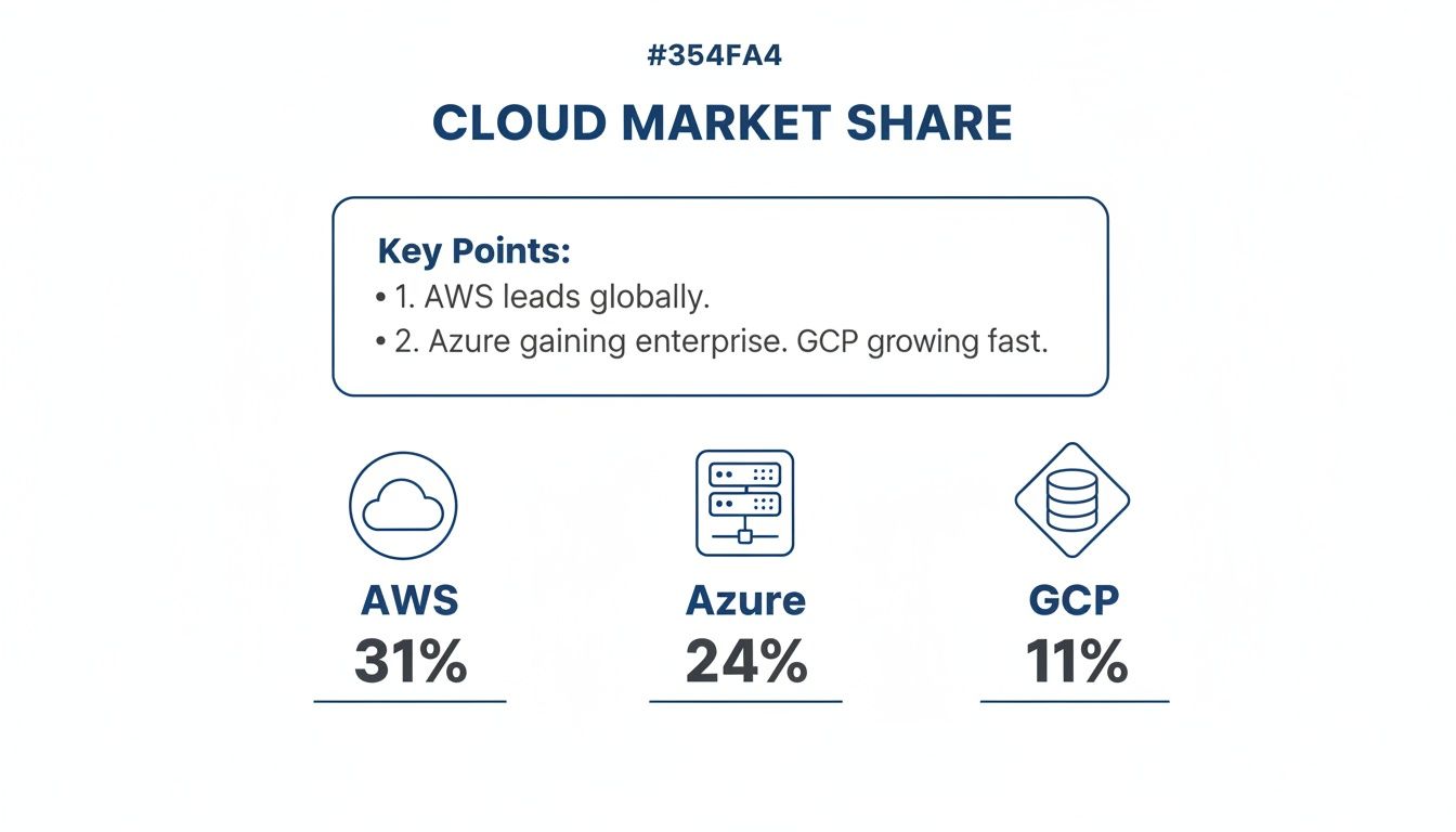 Cloud market share distribution, showing AWS at 31%, Azure at 24%, and GCP at 11%.