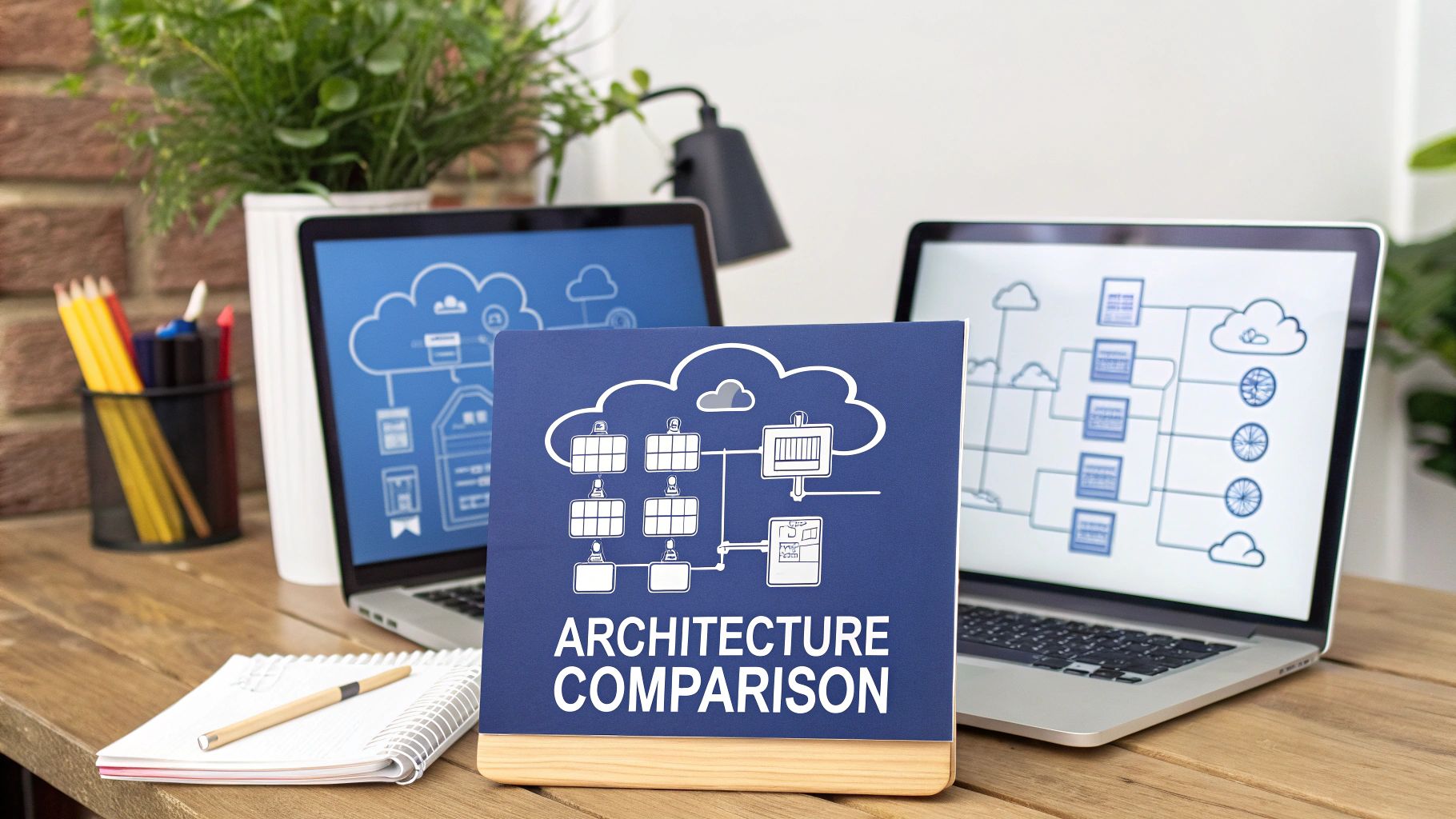 Two laptops and a blue sign featuring cloud architecture diagrams for comparison on a wooden desk.