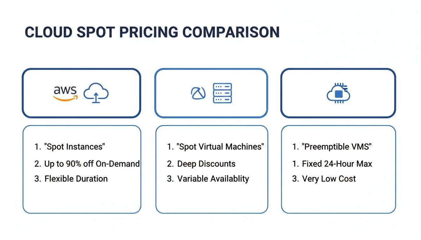 A visual comparison of cloud spot pricing models from AWS, Azure, and another provider, detailing features and discounts.