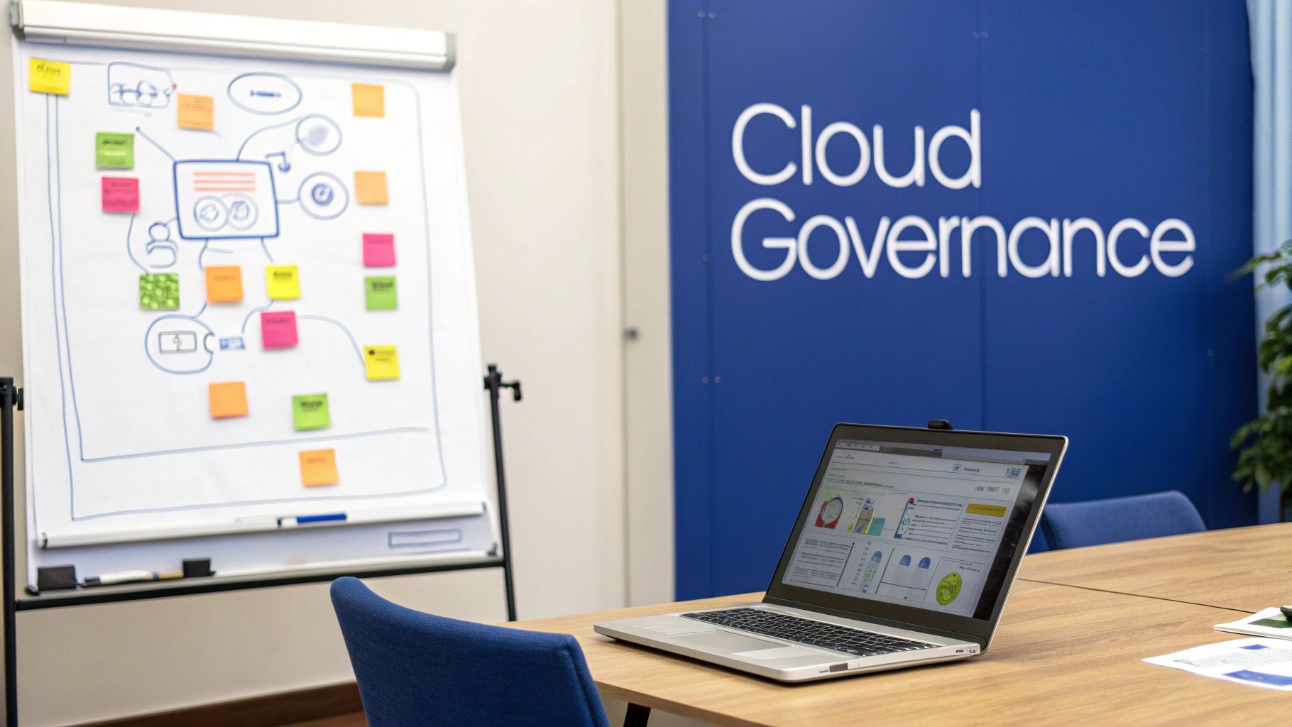 A professional meeting room with a whiteboard diagram, a laptop, and a blue wall displaying "Cloud Governance."