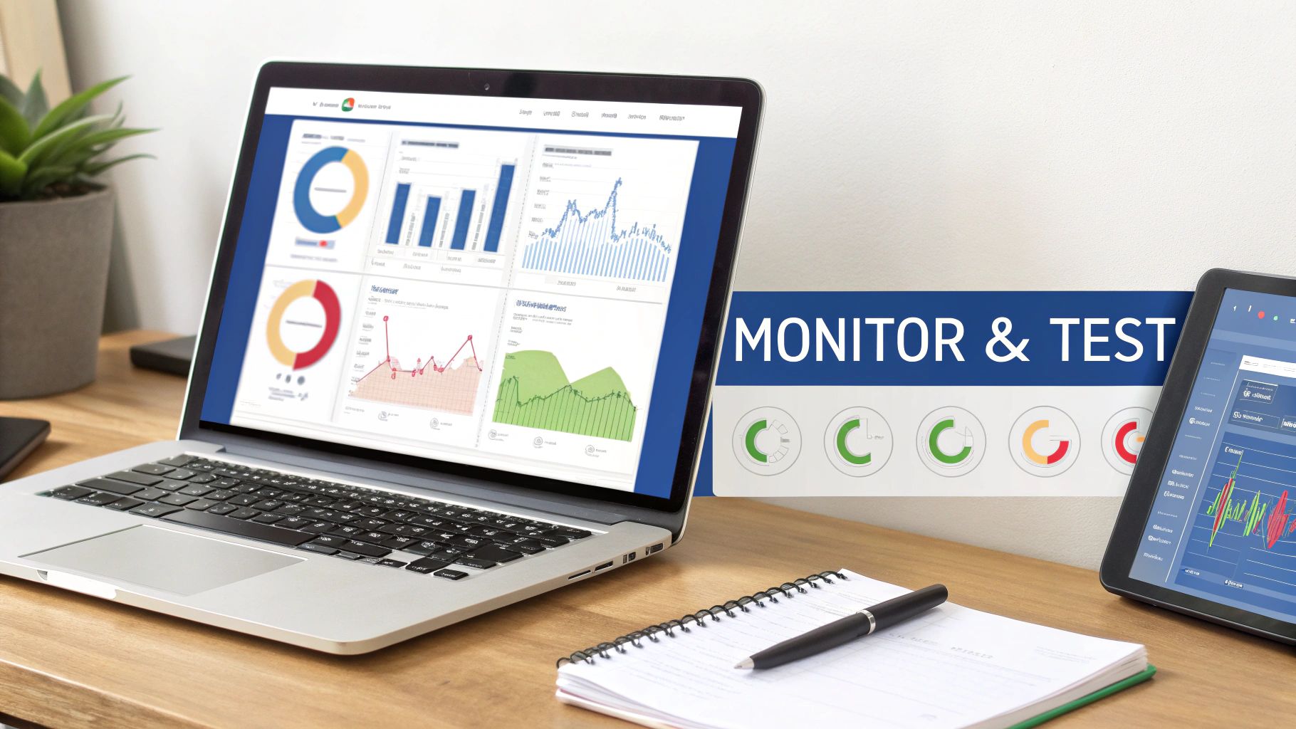 Laptop and tablet on a desk displaying business analytics dashboards with charts and graphs, for monitoring performance.