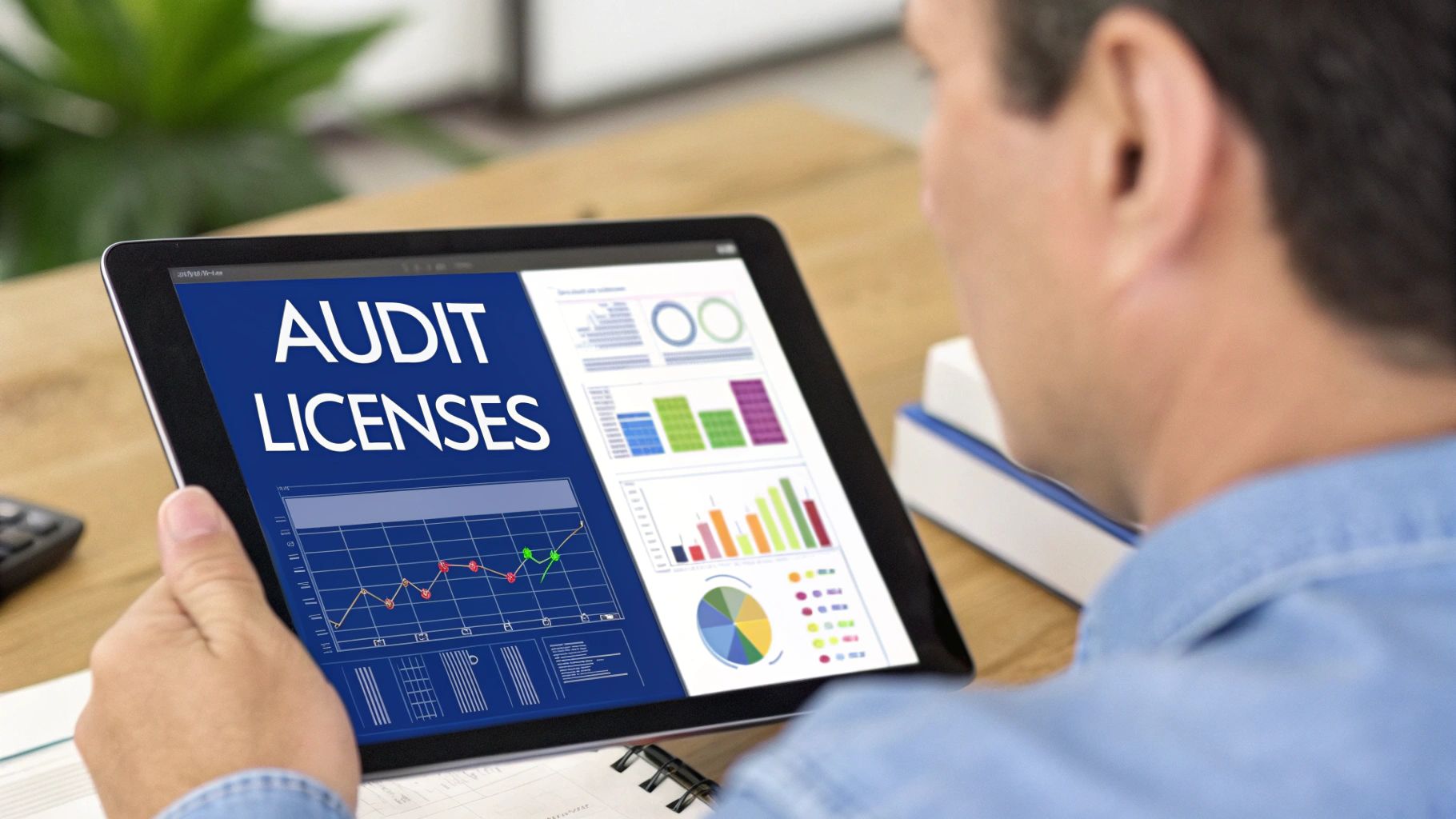 A person reviews 'AUDIT LICENSES' and various data charts on a digital tablet.