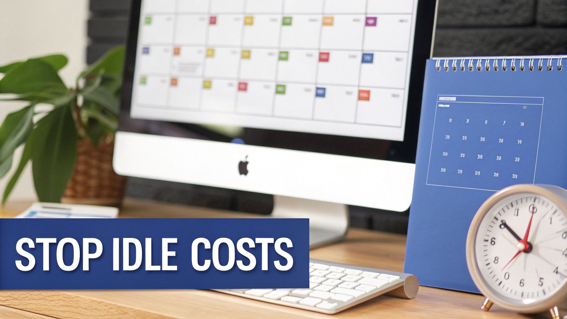 Desk with computer calendar, physical calendar, alarm clock, and 'STOP IDLE COSTS' text.