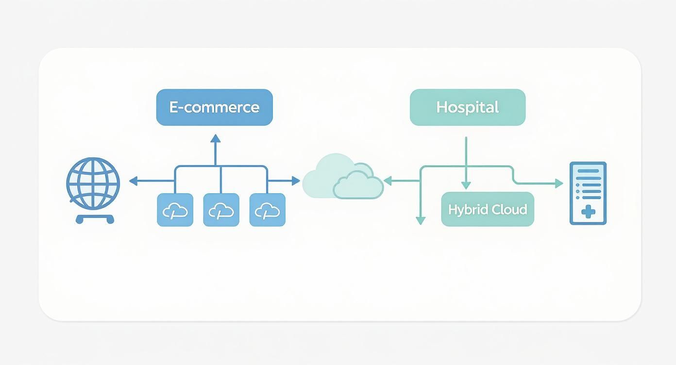 Flow diagram illustrating a hybrid cloud architecture connecting e-commerce and hospital systems through a central cloud.