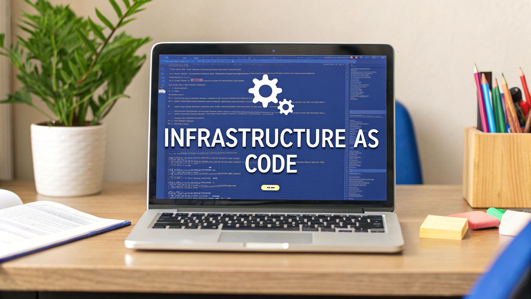 A laptop on a wooden desk displaying 'Infrastructure as Code' with gear icons, symbolizing automation.