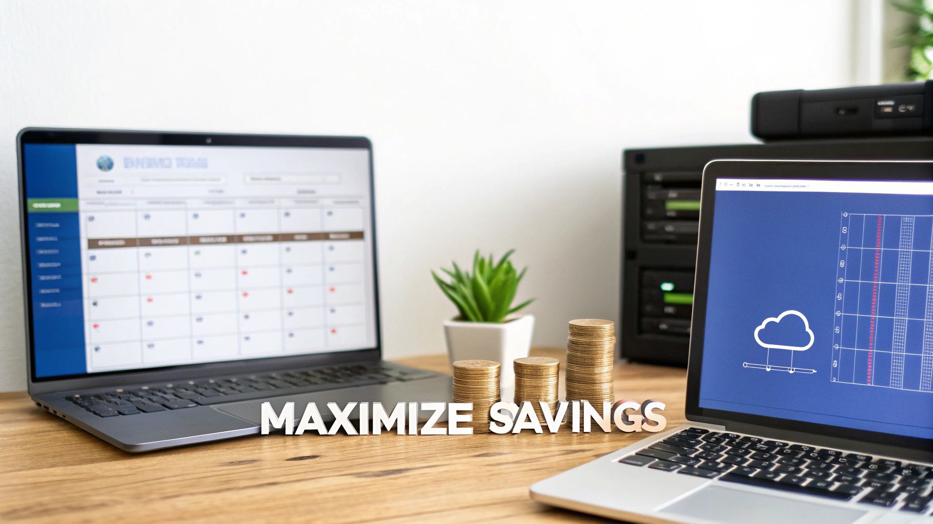 Work desk with two laptops, stacks of coins, and 'MAXIMIZE SAVINGS' text promoting financial efficiency.