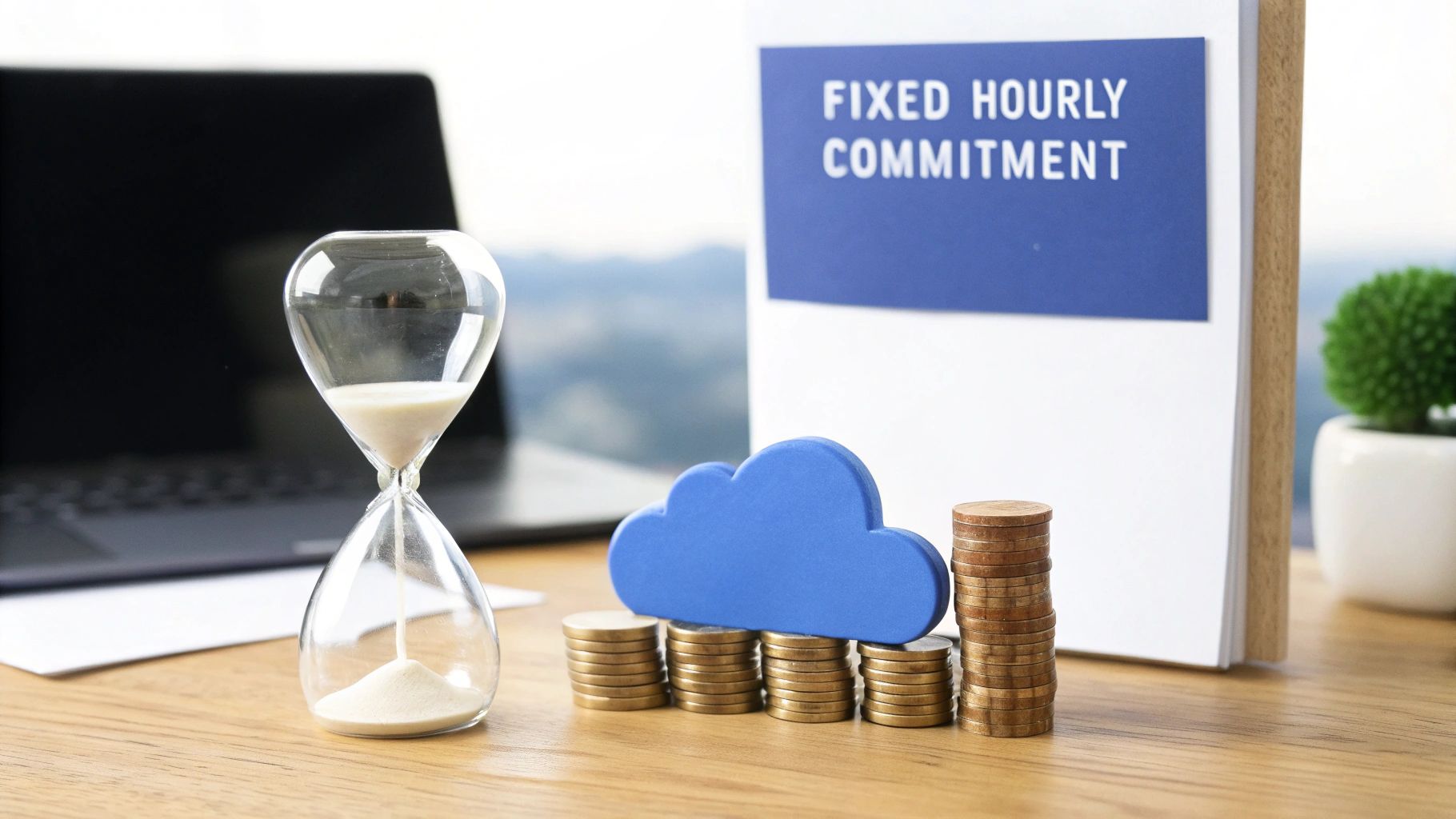 Hourglass, blue cloud symbol on coin stacks, and 'Fixed Hourly Commitment' document on a desk.