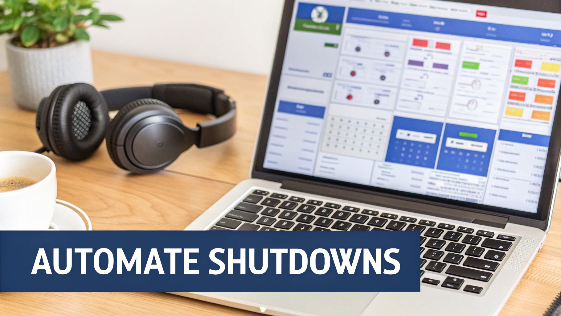 Laptop on a wooden desk showing a management dashboard, with headphones and coffee. Text banner says 'AUTOMATE SHUTDOWNS'.