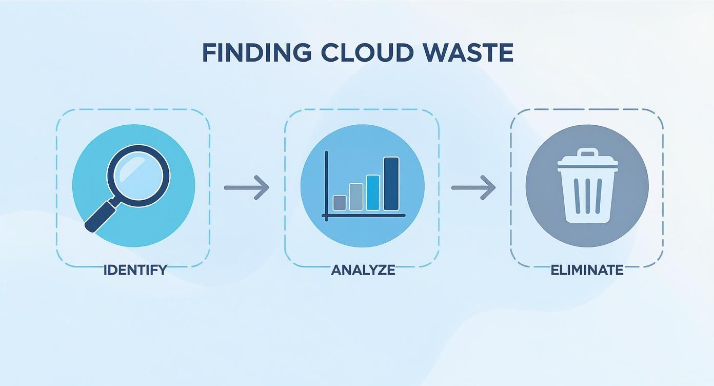 Infographic showing a three-step process to find cloud waste starting with Identify, then Analyze, and finally Eliminate.