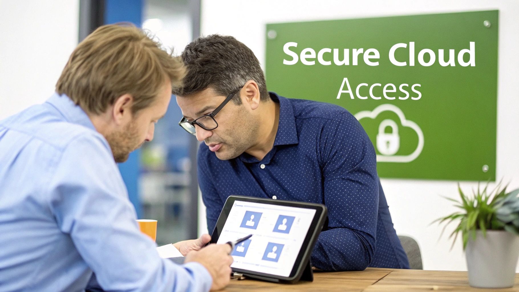 Two men discussing data on a tablet in an office, with a 'Secure Cloud Access' sign.