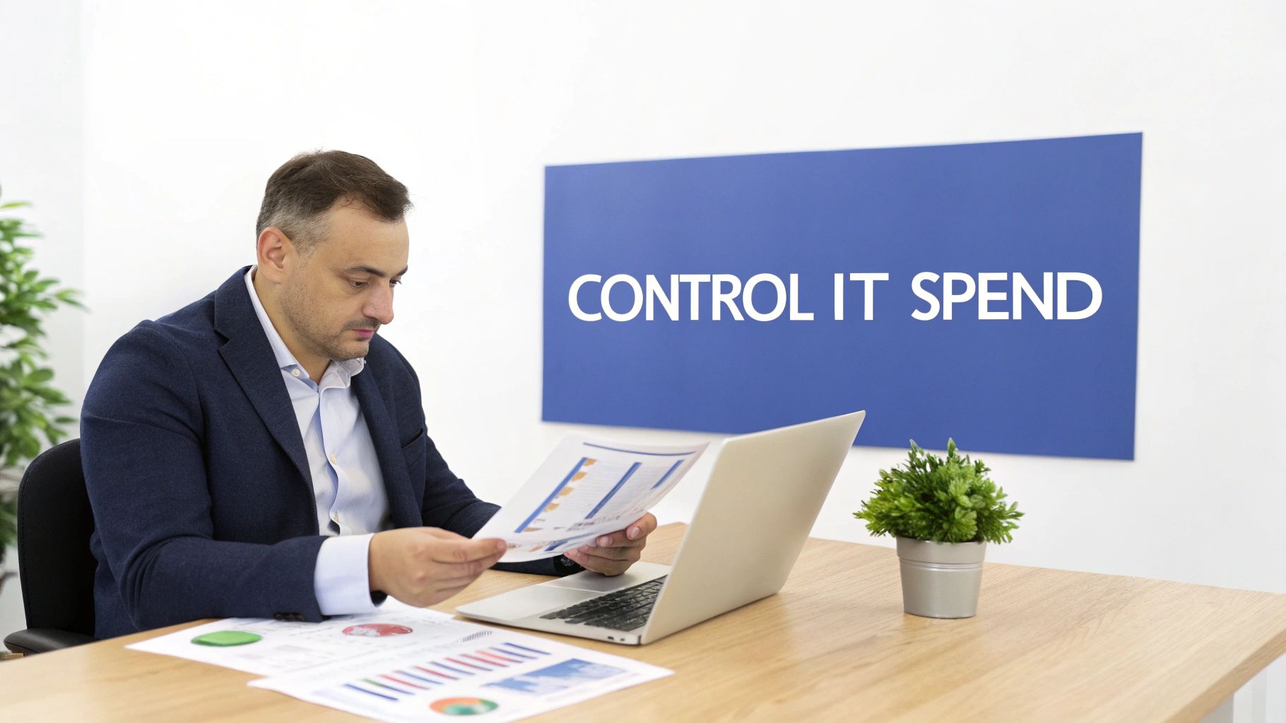 A businessman reviews financial charts at a desk with a laptop, under a 'Control IT Spend' sign.