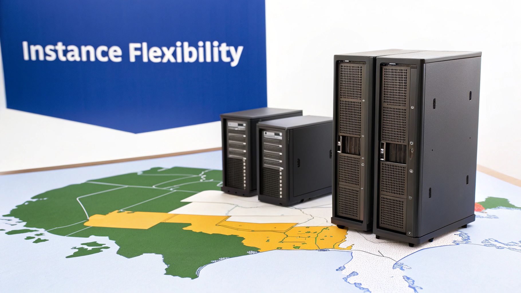 Multiple black server units arranged on a geographical map with an 'Instance Flexibility' sign.