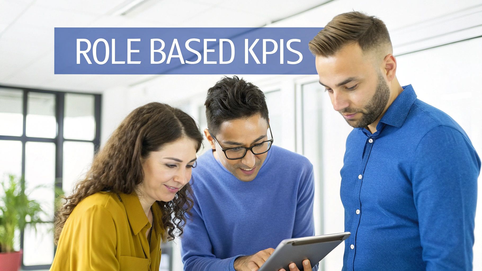 Three business colleagues, two men and one woman, discussing role-based KPIs on a digital tablet.