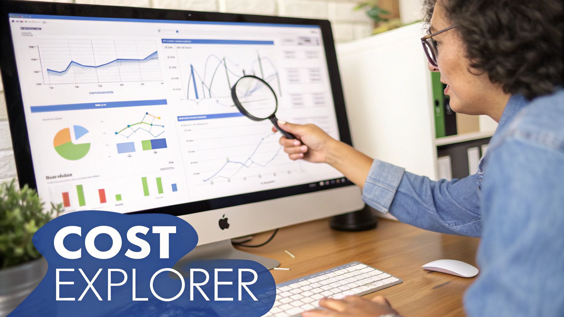 A person analyzing cost data on a computer screen with charts and graphs using a magnifying glass.