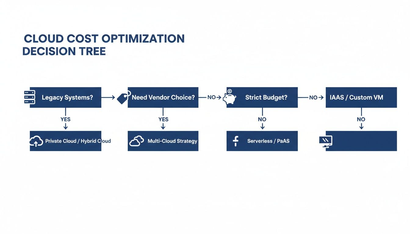 Cloud cost optimization decision tree showing pathways for legacy systems, vendor choice, and budget considerations.