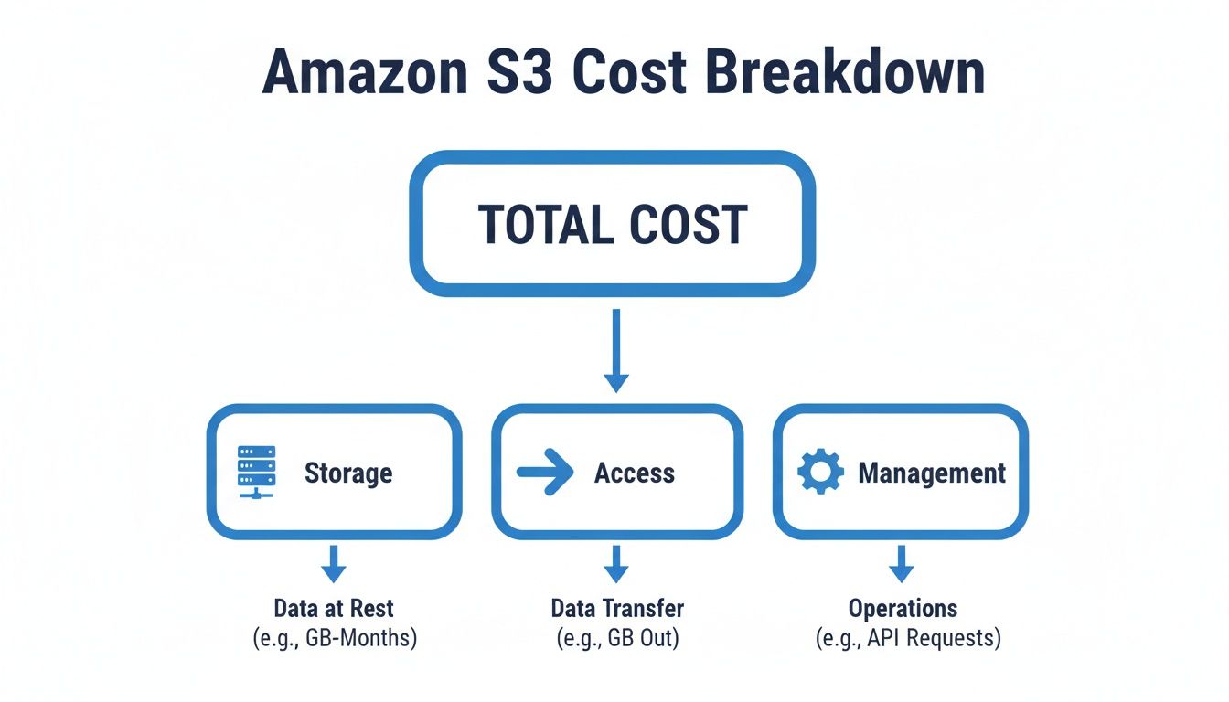 A diagram illustrating the Amazon S3 cost breakdown into storage, access, and management categories.