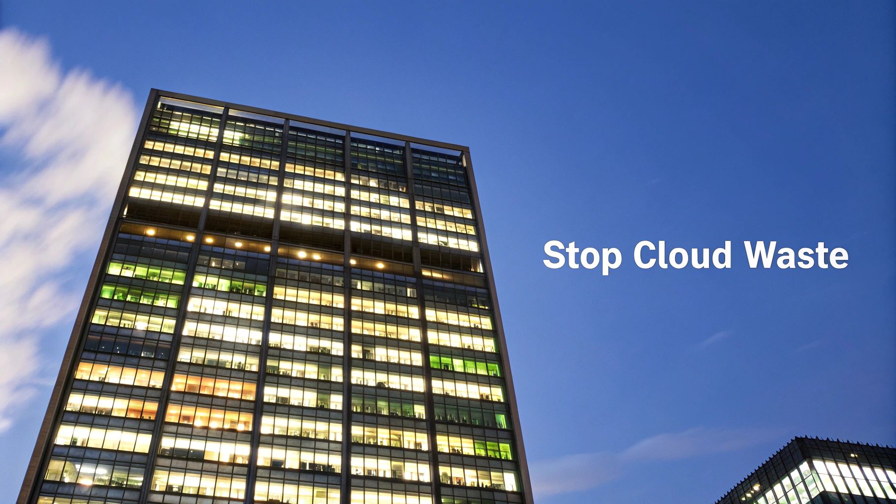 A graph showing a rising line labeled "Cloud Spend" next to a person looking concerned at a laptop.