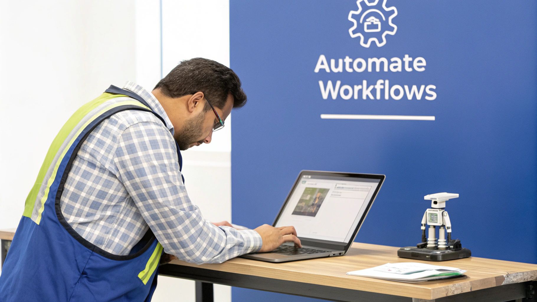 Man in work vest using laptop with a robot, near an 'Automate Workflows' sign.