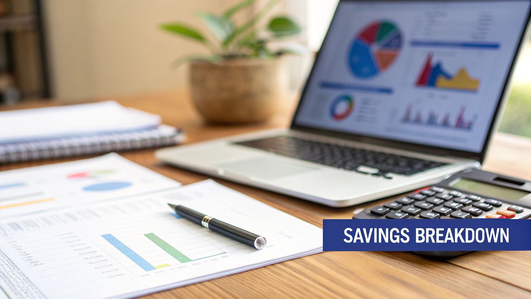 A desk with a laptop showing financial charts, documents, a pen, a calculator, and a plant, with a 'Savings Breakdown' banner.