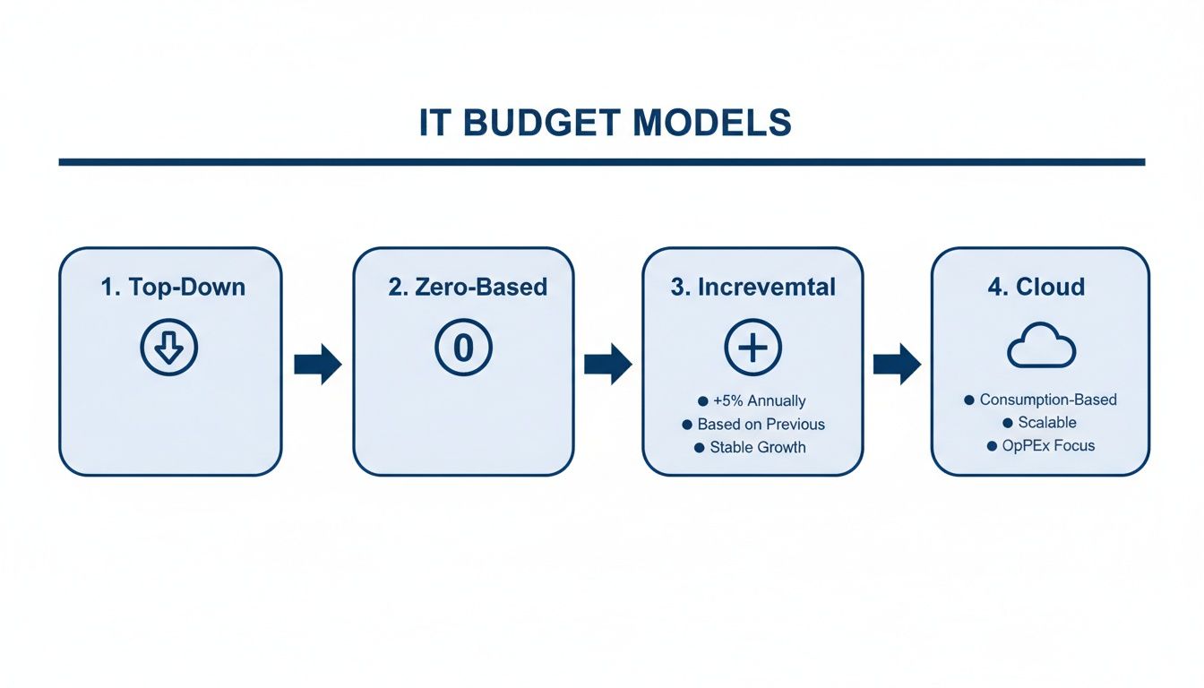 A visual guide illustrating four IT budget models: Top-Down, Zero-Based, Incremental, and Cloud, with descriptions.